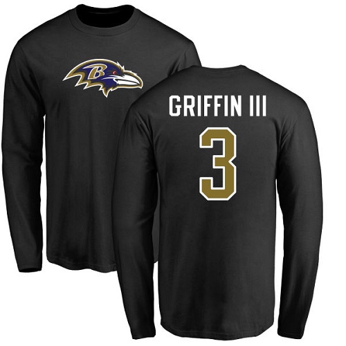 Men Baltimore Ravens Black Robert Griffin III Name and Number Logo NFL Football #3 Long Sleeve T Shirt->nfl t-shirts->Sports Accessory